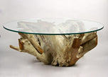21ST CENTURY, INDONESIA, ROUND TEAK ROOT COFFEE TABLE, GLASS PLATE, ORGANIC MODERN, 2024