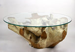 21ST CENTURY, INDONESIA, ROUND TEAK ROOT COFFEE TABLE, GLASS PLATE, ORGANIC MODERN, 2024