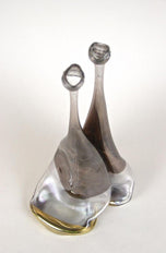 20TH CENTURY, GERMANY, ABSTRACT TWO-NECKED GLASS VASE, SIGNED, CIRCA 1980
