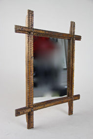 19TH CENTURY, AUSTRIA, RUSTIC TRAMP ART WALL MIRROR, HANDCARVED, CIRCA 1870