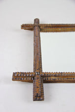 19TH CENTURY, AUSTRIA, RUSTIC TRAMP ART WALL MIRROR, HANDCARVED, CIRCA 1870