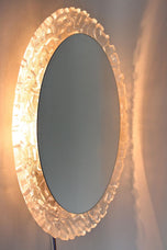 MID CENTURY, AUSTRIA, OVAL ACRYLIC WALL MIRROR, ILLUMINATED, 1970