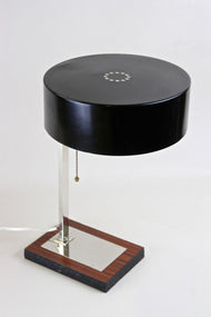 20TH CENTURY, AUSTRIA, CHROMED TABLE LAMP, BLACK METAL LAMP SHADE, CIRCA 1950