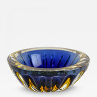 MID CENTURY, ITALY, MURANO GLASS BOWL, DARK BLUE, AMBER, CA 1960
