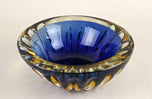 MID CENTURY, ITALY, MURANO GLASS BOWL, DARK BLUE, AMBER, CA 1960