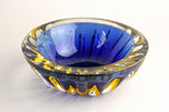 MID CENTURY, ITALY, MURANO GLASS BOWL, DARK BLUE, AMBER, CA 1960