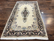 1940S PERSIAN KIRMAN RUG 4X7, WOOL HAND KNOTTED ANTIQUE CARPET, BEIGE, SEMI OPEN FIELD MEDALLION RUG, TRADITIONAL HANDMADE ORIENTAL RUG