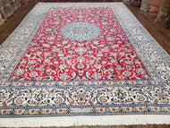 1960S PERSIAN NAIN RUG 8X12, RED AND IVORY, SIGNED - RED, IVORY, LIGHT BLUE - LUXURIOUS