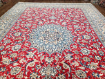 1960S PERSIAN NAIN RUG 8X12, RED AND IVORY, SIGNED - RED, IVORY, LIGHT BLUE - LUXURIOUS