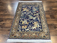 1960S PERSIAN QUM HUNTING DESIGN RUG 4X5, WOOL HAND KNOTTED VINTAGE ORIENTAL CARPET, NAVY BLUE & MUSTARD, HORSEMEN ANIMAL PICTORIALS, RARE