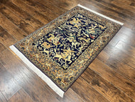 1960S PERSIAN QUM HUNTING DESIGN RUG 4X5, WOOL HAND KNOTTED VINTAGE ORIENTAL CARPET, NAVY BLUE & MUSTARD, HORSEMEN ANIMAL PICTORIALS, RARE