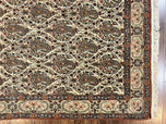 1950S PERSIAN QUM RUG 5X6, CREAM WOOL HAND KNOTTED CARPET, REPEATED BOTEH PAISELY DESIGN, SEMI ANTIQUE VINTAGE RUG, VERY FINE WEAVE 5X6 RUG