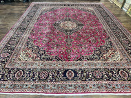 1940S PERSIAN RUG 10X13, WOOL HAND KNOTTED ANTIQUE KASHMAR CARPET, RASPBERRY RED & NAVY BLUE, FLORAL MEDALLION, TRADITIONAL ORIENTAL RUG 10X13