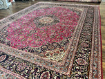 1940S PERSIAN RUG 10X13, WOOL HAND KNOTTED ANTIQUE KASHMAR CARPET, RASPBERRY RED & NAVY BLUE, FLORAL MEDALLION, TRADITIONAL ORIENTAL RUG 10X13