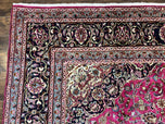 1940S PERSIAN RUG 10X13, WOOL HAND KNOTTED ANTIQUE KASHMAR CARPET, RASPBERRY RED & NAVY BLUE, FLORAL MEDALLION, TRADITIONAL ORIENTAL RUG 10X13