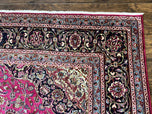 1940S PERSIAN RUG 10X13, WOOL HAND KNOTTED ANTIQUE KASHMAR CARPET, RASPBERRY RED & NAVY BLUE, FLORAL MEDALLION, TRADITIONAL ORIENTAL RUG 10X13