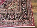 1940S PERSIAN RUG 10X13, WOOL HAND KNOTTED ANTIQUE KASHMAR CARPET, RASPBERRY RED & NAVY BLUE, FLORAL MEDALLION, TRADITIONAL ORIENTAL RUG 10X13