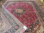 1940S PERSIAN RUG 10X13, WOOL HAND KNOTTED ANTIQUE KASHMAR CARPET, RASPBERRY RED & NAVY BLUE, FLORAL MEDALLION, TRADITIONAL ORIENTAL RUG 10X13
