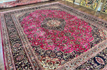 1940S PERSIAN RUG 10X13, WOOL HAND KNOTTED ANTIQUE KASHMAR CARPET, RASPBERRY RED & NAVY BLUE, FLORAL MEDALLION, TRADITIONAL ORIENTAL RUG 10X13