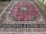 1940S PERSIAN RUG 10X13, WOOL HAND KNOTTED ANTIQUE KASHMAR CARPET, RASPBERRY RED & NAVY BLUE, FLORAL MEDALLION, TRADITIONAL ORIENTAL RUG 10X13