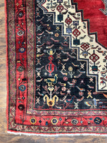 1960S PERSIAN RUG 5X12 FT, RED CREAM NAVY BLUE, PICTORIALS, HAND KNOTTED HANDMADE WIDE RUNNER TRIBAL BIDJAR SEMI ANTIQUE WOOL GEOMETRIC ORIENTAL RUG