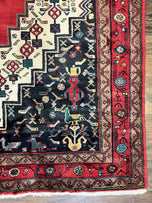 1960S PERSIAN RUG 5X12 FT, RED CREAM NAVY BLUE, PICTORIALS, HAND KNOTTED HANDMADE WIDE RUNNER TRIBAL BIDJAR SEMI ANTIQUE WOOL GEOMETRIC ORIENTAL RUG