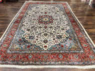1940S PERSIAN SAROUK RUG 8X12, WOOL HAND KNOTTED ANTIQUE CARPET, FLORAL MEDALLION, CREAM RED, TRADITIONAL ORIENTAL RUG