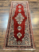 1950S PERSIAN SAROUK RUNNER RUG 2.7X6, SEMI OPEN FIELD, RED, HANDMADE HAND KNOTTED, WOOL ORIENTAL CARPET, VINTAGE SEMI ANTIQUE