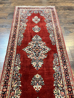 1950S PERSIAN SAROUK RUNNER RUG 2.7X6, SEMI OPEN FIELD, RED, HANDMADE HAND KNOTTED, WOOL ORIENTAL CARPET, VINTAGE SEMI ANTIQUE
