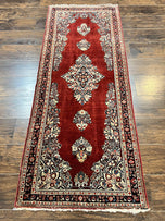 1950S PERSIAN SAROUK RUNNER RUG 2.7X6, SEMI OPEN FIELD, RED, HANDMADE HAND KNOTTED, WOOL ORIENTAL CARPET, VINTAGE SEMI ANTIQUE