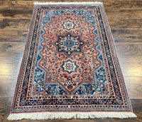 1950S PERSIAN SHIRAZ RUG 3X5, GEOMETRIC TRIBAL RUG, WOOL HAND KNOTTED VINTAGE CARPET, LIGHT RED & BLUE, SIGNED BY MASTERWEAVER - IMAGE 1