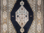 1950S PERSIAN SILK QUM RUG, SILK ON SILK, BLACK GOLDEN BROWN AND BEIGE, HAND-KNOTTED, 3'6" X 5' 5"