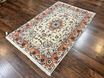 1970S PERSIAN TABRIZ RUG 4.5X6.8, FINELY HAND KNOTTED WOOL WITH SILK HIGHLIGHTS VINTAGE ORIENTAL CARPET, CREAM AND SALMON, HIGH KPSI, FLORAL MEDALLION