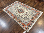 1970S PERSIAN TABRIZ RUG 4.5X6.8, FINELY HAND KNOTTED WOOL WITH SILK HIGHLIGHTS VINTAGE ORIENTAL CARPET, CREAM AND SALMON, HIGH KPSI, FLORAL MEDALLION