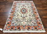 1970S PERSIAN TABRIZ RUG 4.5X6.8, FINELY HAND KNOTTED WOOL WITH SILK HIGHLIGHTS VINTAGE ORIENTAL CARPET, CREAM AND SALMON, HIGH KPSI, FLORAL MEDALLION