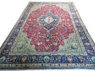 1950S PERSIAN TABRIZ RUG 7X10, RED AND BLUE, MEDALLION RUG - RED, BLUE, LIGHT GREEN - WOOL
