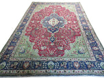 1950S PERSIAN TABRIZ RUG 7X10, RED AND BLUE, MEDALLION RUG - RED, BLUE, LIGHT GREEN - WOOL