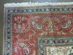1950S PERSIAN TABRIZ RUG 8X10, BIRDS BOTEH PAISLEYS, CREAM AND RED, ALLOVER PATTERN
