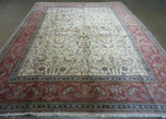 1950S PERSIAN TABRIZ RUG 8X10, BIRDS BOTEH PAISLEYS, CREAM AND RED, ALLOVER PATTERN