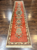 1960S PERSIAN TABRIZ RUNNER RUG 3X12 - TERRACOTTA, BEIGE-TAN, SEAFOAM GREEN - WOOL
