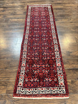 1960S PERSIAN TRIBAL RUNNER 3X9, HAMADAN DARGAZIN RUG, DARK BLUE AND RED WOOL HAND KNOTTED HALLWAY RUG, VINTAGE ANTIQUE ORIENTAL RUNNER, 9FT LONG RUNNER, HERATI