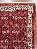 1960S PERSIAN TRIBAL RUNNER 3X9, HAMADAN DARGAZIN RUG, DARK BLUE AND RED WOOL HAND KNOTTED HALLWAY RUG, VINTAGE ANTIQUE ORIENTAL RUNNER, 9FT LONG RUNNER, HERATI