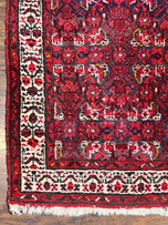 1960S PERSIAN TRIBAL RUNNER 3X9, HAMADAN DARGAZIN RUG, DARK BLUE AND RED WOOL HAND KNOTTED HALLWAY RUG, VINTAGE ANTIQUE ORIENTAL RUNNER, 9FT LONG RUNNER, HERATI