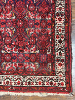 1960S PERSIAN TRIBAL RUNNER 3X9, HAMADAN DARGAZIN RUG, DARK BLUE AND RED WOOL HAND KNOTTED HALLWAY RUG, VINTAGE ANTIQUE ORIENTAL RUNNER, 9FT LONG RUNNER, HERATI