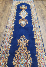 1950S NAVY BLUE PERSIAN KERMAN RUNNER - DARK BLUE, IVORY, LIGHT BLUE - OPEN FIELD MEDALLION