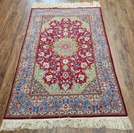 1950S PERSIAN ISFAHAN RUG, KORK WOOL ON SILK FOUNDATION - RED, MEDIUM/LIGHT BLUE, DARK VANILA - MEDALLION
