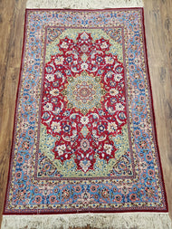 1950S PERSIAN ISFAHAN RUG, KORK WOOL ON SILK FOUNDATION - RED, MEDIUM/LIGHT BLUE, DARK VANILA - MEDALLION