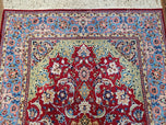 1950S PERSIAN ISFAHAN RUG, KORK WOOL ON SILK FOUNDATION - RED, MEDIUM/LIGHT BLUE, DARK VANILA - MEDALLION