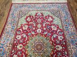 1950S PERSIAN ISFAHAN RUG, KORK WOOL ON SILK FOUNDATION - RED, MEDIUM/LIGHT BLUE, DARK VANILA - MEDALLION