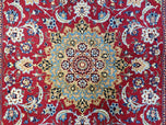 1950S PERSIAN ISFAHAN RUG, KORK WOOL ON SILK FOUNDATION - RED, MEDIUM/LIGHT BLUE, DARK VANILA - MEDALLION